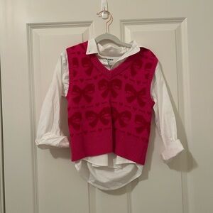 Pink Bow Vest with White Button Down Shirt